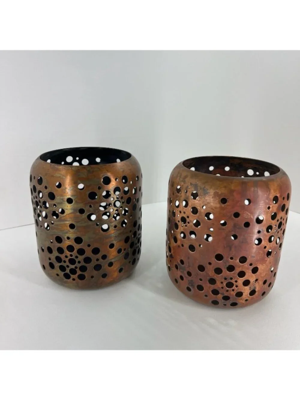 Set of 2 Pierced Copper Metal Candle Holders Votive Lanterns Rustic Decor